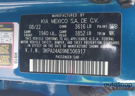 2022 Kia Rio S from USA, damaged, VIN 3KPA24AD9NE506917